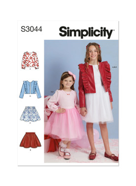 Simplicity S3044 | Simplicity Sewing Pattern Children's and Girls' Skirts, Jacket and Knit Top | Front of Envelope