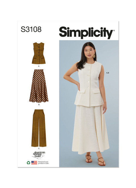 Simplicity S3108 | Simplicity Sewing Pattern Misses' Vest, Skirt and Pants by American Sewing Guild | Front of Envelope