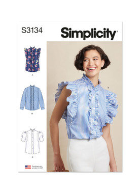 Simplicity S3134 | Simplicity Sewing Pattern Misses' Ruffled Button Front Top with Sleeve Variations | Front of Envelope