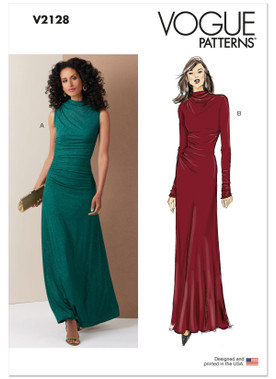 Vogue Patterns V2128 | Misses' Knit Dress with Ruching and Sleeve Variations | Front of Envelope