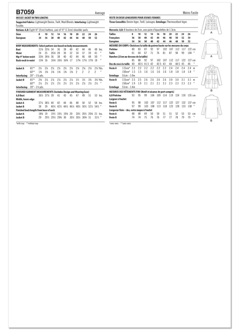 Butterck B7059 | Butterick Sewing Pattern Misses Jacket in Two Lengths | Back of Envelope