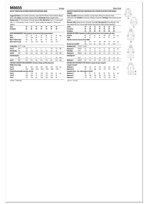 McCall's M8655 | Misses' Trench Coat in Three Lengths with Optional Hood | Back of Envelope