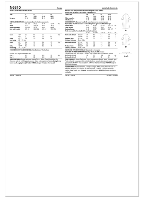 New Look N6810 | New Look Sewing Pattern Misses' Coat with Belt in Two Lengths | Back of Envelope