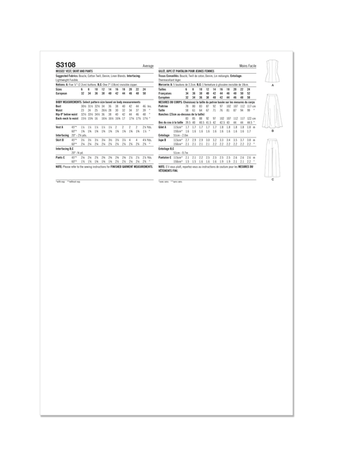 Simplicity S3108 | Simplicity Sewing Pattern Misses' Vest, Skirt and Pants by American Sewing Guild | Back of Envelope