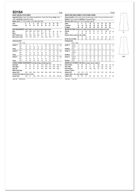 Simplicity S3164 | Simplicity Sewing Pattern Misses' and Miss Petite Jumper | Back of Envelope