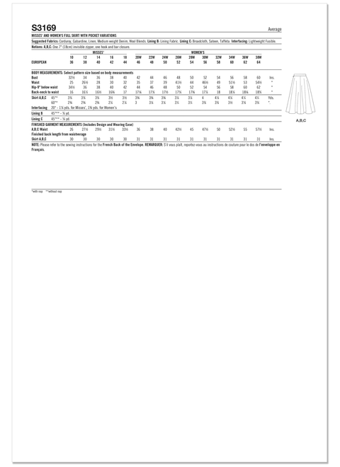 Simplicity S3169 | Simplicity Sewing Pattern Misses' and Women's Full Skirt with Pocket Variations | Back of Envelope