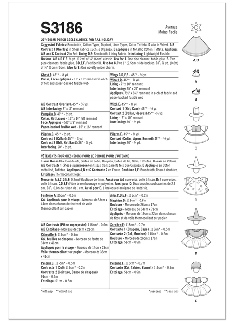 Simplicity S3186 | Simplicity Sewing Pattern Porch Geese Clothes for Fall Holiday | Back of Envelope