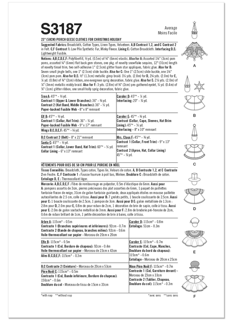 Simplicity S3187 | Simplicity Sewing Pattern Porch Geese Clothes for Christmas Holiday | Back of Envelope