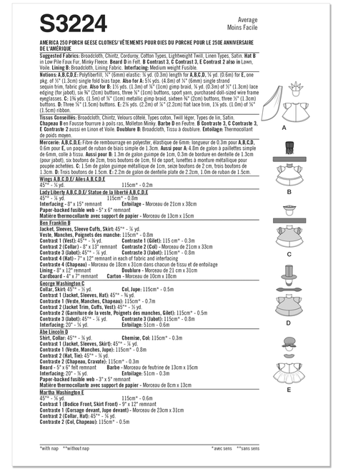 Simplicity S3224 | Simplicity Sewing Pattern America 250 Porch Geese Clothes | Back of Envelope