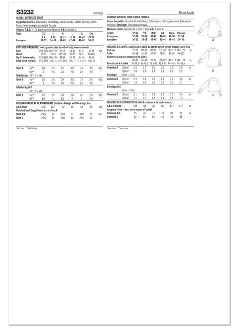 Simplicity S3232 | Simplicity Sewing Pattern Misses' Oversized Shirt | Back of Envelope