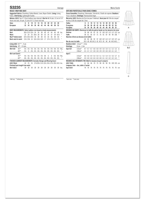 Simplicity S3235 | Simplicity Sewing Pattern Misses' Wrap Midi Skirt | Back of Envelope