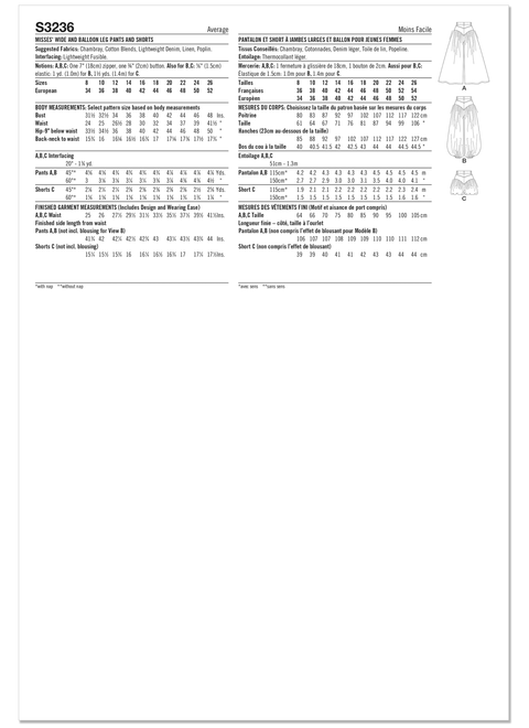 Simplicity S3236 | Simplicity Sewing Pattern Misses' Wide and Balloon Leg Pants and Shorts | Back of Envelope