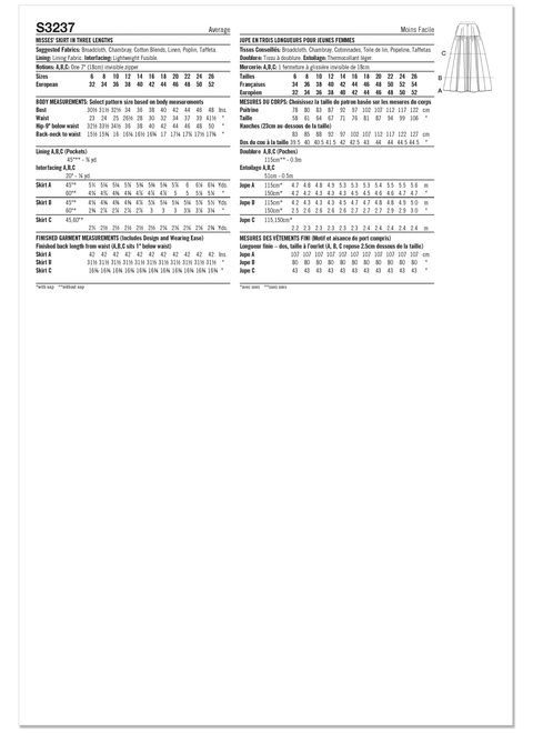 Simplicity S3237 | Simplicity Sewing Pattern Misses' Skirt in Three Lengths | Back of Envelope