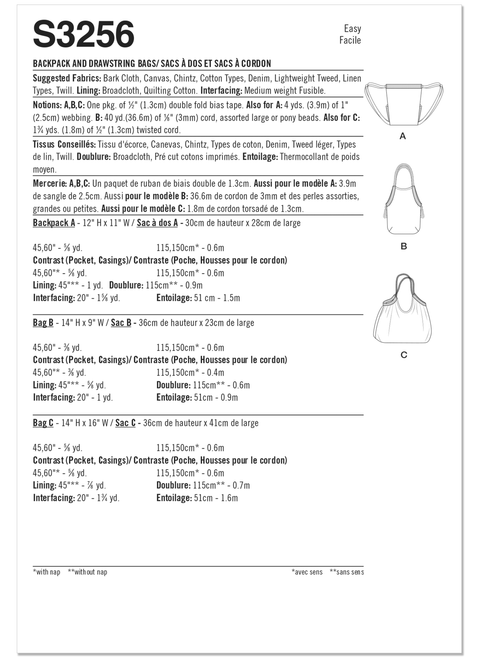 Simplicity S3256 | Simplicity Sewing Pattern Backpack and Drawstring Bags | Back of Envelope