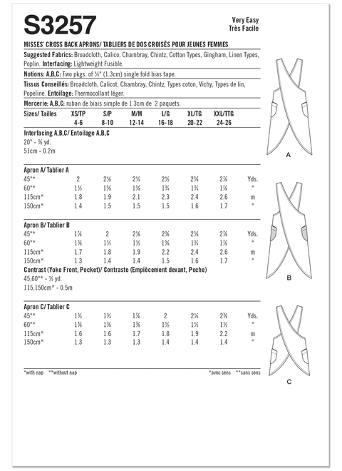 Simplicity S3257 | Simplicity Sewing Pattern Misses' Cross Back Aprons | Back of Envelope