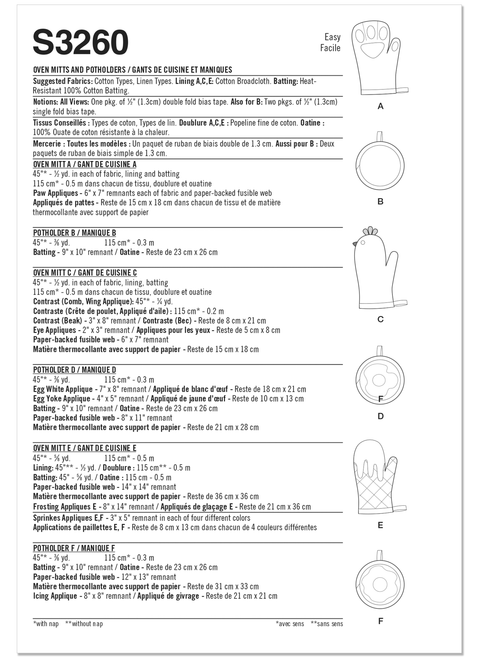 Simplicity S3260 | Simplicity Sewing Pattern Oven Mitts and Pot Holders | Back of Envelope