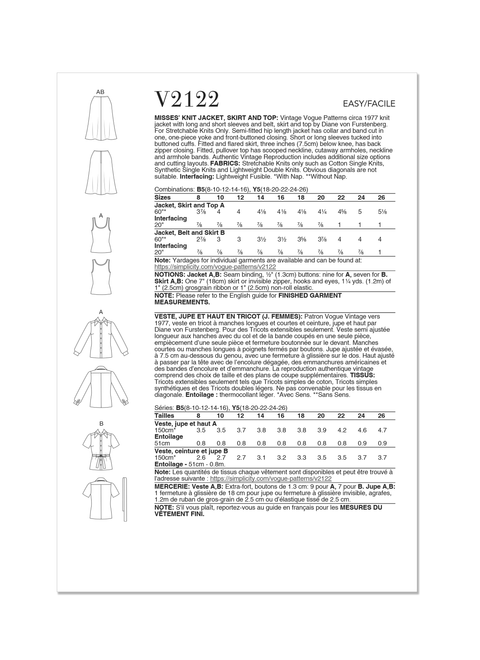 Vogue Patterns V2122 | Vogue Patterns 1970s Misses' Knit Jacket, Belt, Skirt and Top by Diane von Furstenberg | Back of Envelope