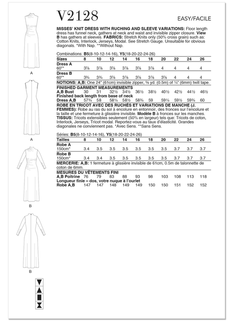 Vogue Patterns V2128 | Misses' Knit Dress with Ruching and Sleeve Variations | Back of Envelope