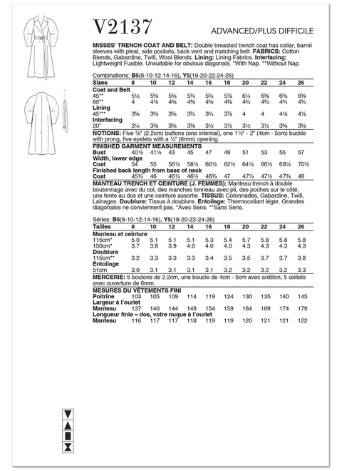 Vogue Patterns V2137 | Misses' Trench Coat and Belt | Back of Envelope